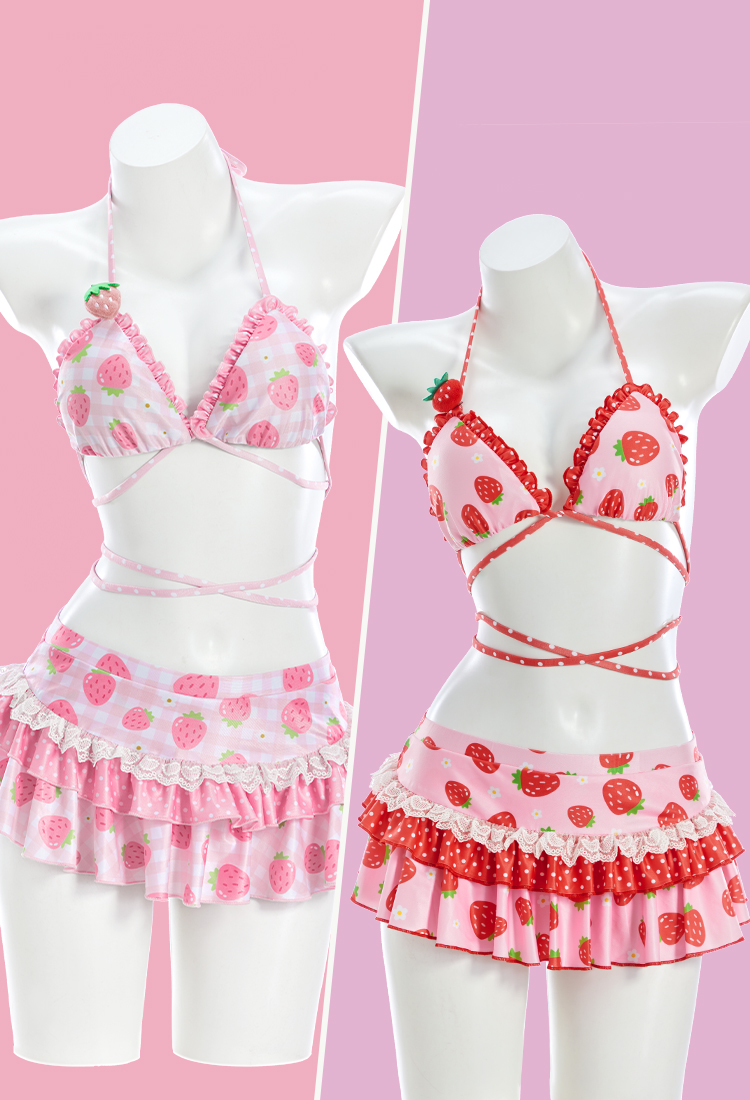Cute Strawberry Print Bikini Pink Retro Swimsuit with Strawberry Clip