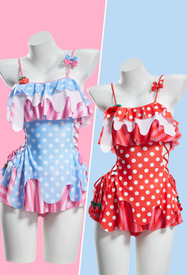 Cute Strawberry Cherry Cream Cake Style One-Piece Swimsuit Retro Asymmetrical Side-Tie Bathing Suit