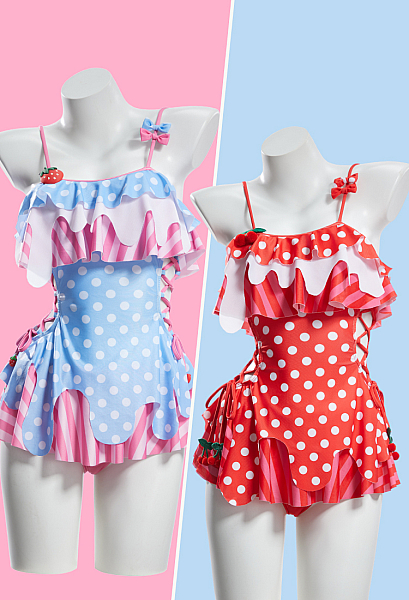 Cute Strawberry Cherry Cream Cake Style One-Piece Swimsuit Retro Asymmetrical Side-Tie Bathing Suit