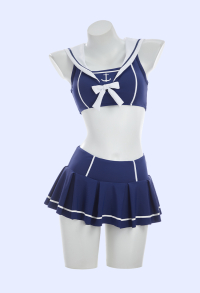 Retro Nautical Style Two-piece Swimsuit Sailor Collar Top and High-waisted Skort with Headband