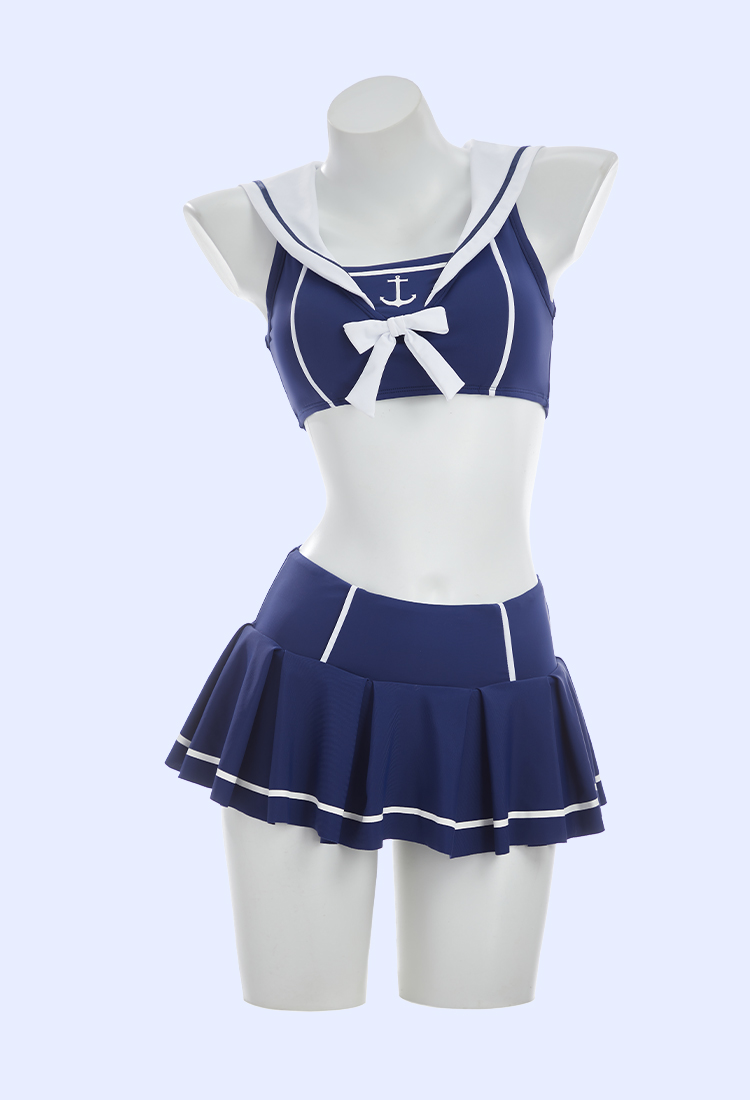 Retro Nautical Style Two-piece Swimsuit Sailor Collar Top and High-waisted Skort with Headband