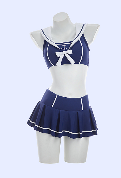 Retro Nautical Style Two-piece Swimsuit Sailor Collar Top and High-waisted Skort with Headband