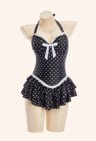 Vintage Black Polka Dot Halter-Neck One-Piece Swimsuit with Ruffled Skirt