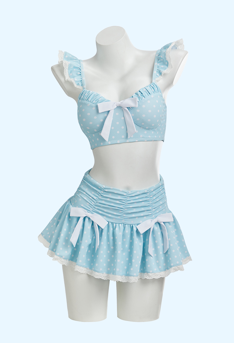 Retro Blue Polka Dot Two-piece Swimsuit Ruffled Straps Top and High-waisted Skirted Bottom