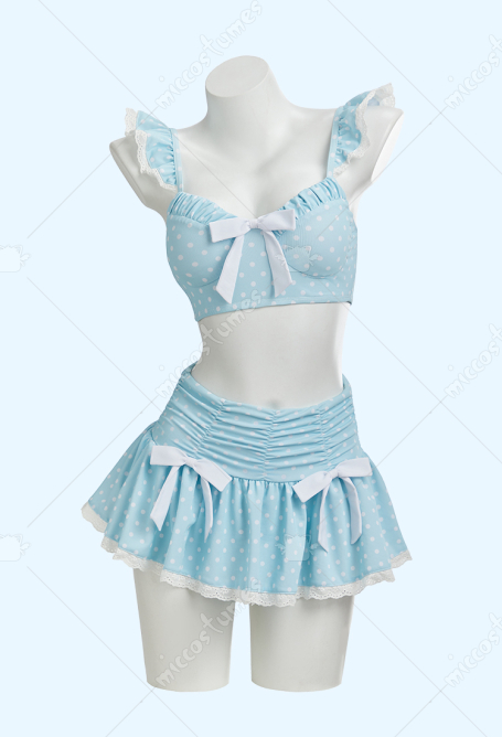 Retro Blue Polka Dot Two-piece Swimsuit Ruffled Straps Top and High-waisted Skirted Bottom