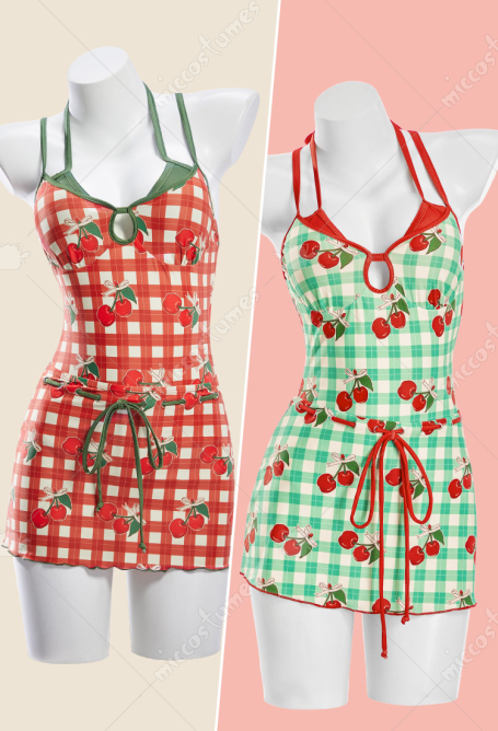 Retro-style Plaid Cherry Print One-piece Swimsuit Cute Halter Neck Bathing Suit with Skirt
