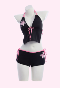 Y2K Style Two-piece Swimsuit Pink Floral Dolphin Print Halter Top and Bottom