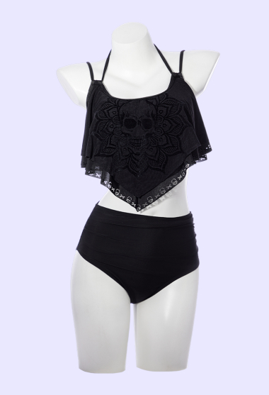 Gothic Skull Pattern Two-piece Swimsuit Ruffled Halter Neck Top and Panty