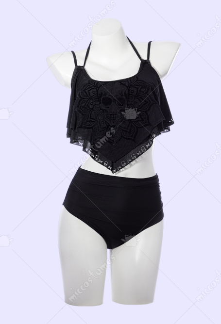 Gothic Skull Pattern Two-piece Swimsuit Ruffled Halter Neck Top and Panty