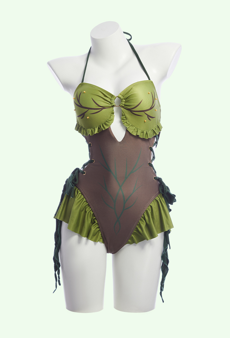 Medieval Retro Dryad Style One-piece Swimsuit Halter Neck Bathing Suit with Detachable Puff Sleeves