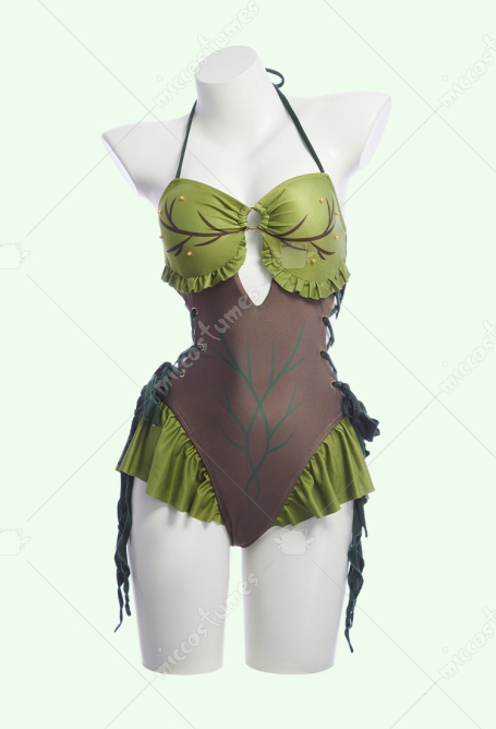 Medieval Retro Dryad Style One-piece Swimsuit Halter Neck Bathing Suit with Detachable Puff Sleeves