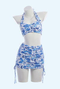 Retro Floral Print Two-piece Swimsuit Halter Top and Skirted Bottom