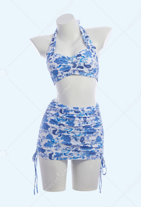 Retro Floral Print Two-piece Swimsuit Halter Top and Skirted Bottom