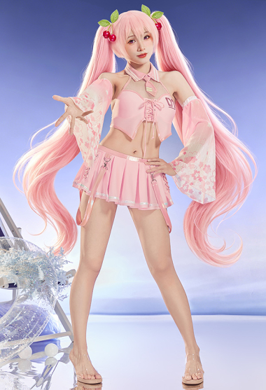 Vocal Derivative Two-piece Swimsuit Pink Cherry Blossom Halter Top and Skort with Tie and Detachable Sleeves