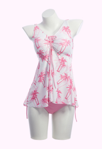 Retro Pink and White Palm Tree Print Two-piece Swimsuit Tank Top with Panty
