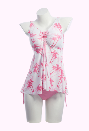 Retro Pink and White Palm Tree Print Two-piece Swimsuit Tank Top with Panty