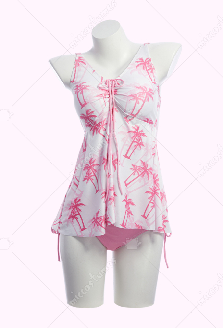 Retro Pink and White Palm Tree Print Two-piece Swimsuit Tank Top with Panty
