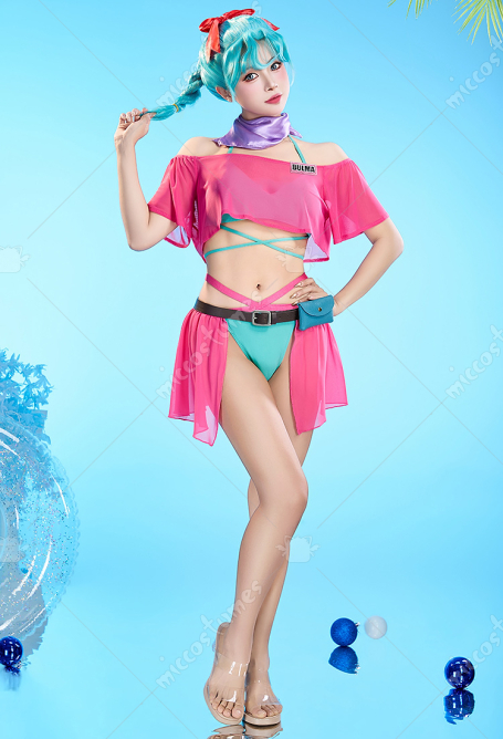 Dragon Boru Bulma Derivative Two-piece Swimsuit Top and Panty with Cover-up and Belt
