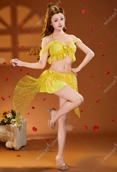 Beauty and the Beast Belle Princess Derivative Two-piece Swimsuit Off-the-shoulder Halter Top with Double-layered Skort