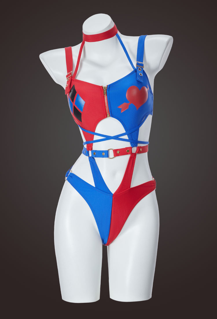 The Clown Women Derivative Red and Blue One-piece Halter Neck Cutout Swimsuit