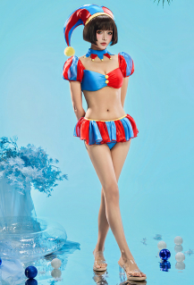 Women TADC Clown Girl Derivative Sexy Lingerie Set - Blue Red Bodysuit and  Mini Skirt with Gloves and Hat Cosplay