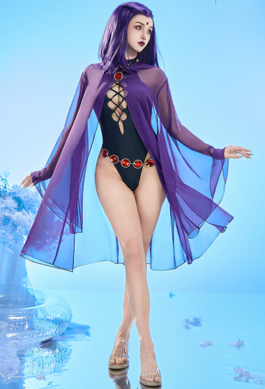 Raven Derivative One-piece Swimsuit Cutout Cross-strap Swimsuit with Hooded Cover-up and Waist Chain