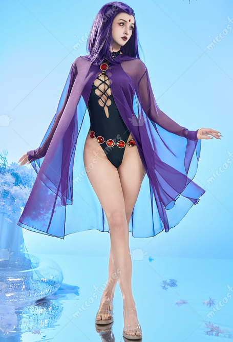 Raven Derivative One-piece Swimsuit Cutout Cross-strap Swimsuit with Hooded Cover-up and Waist Chain