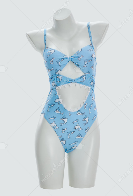 Cute Shark Print One-piece Swimsuit Shark Jaw Cutout Bathing Suit