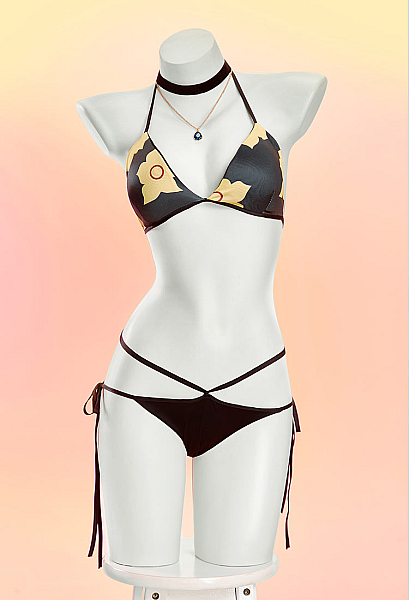 Ciyuandiantai My Dress-Up Dear Marin Derivative Split Swimwear Printed Halter Neck Top and Tanga with Necklace