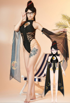 Bayonetta Derivative Swimsuit Crisscross Taillen Cutout Bodysuit Badeanzug Schwarz Neckholder High Cut Bademode