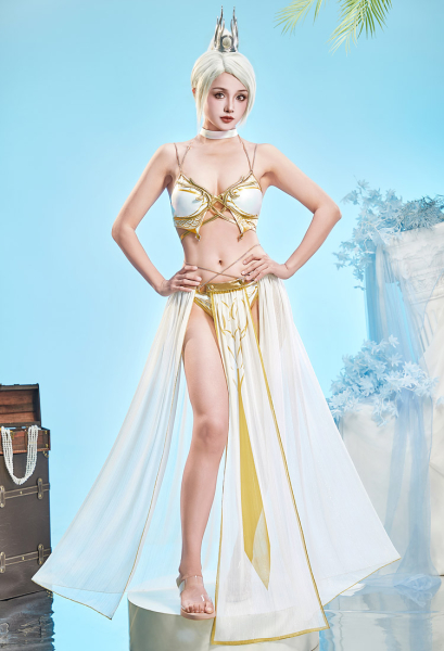 Baldur's Gate Shadowheart Game-inspired White Printed Bikini Two-piece Swimsuit with Tulle Skirt Cover Up