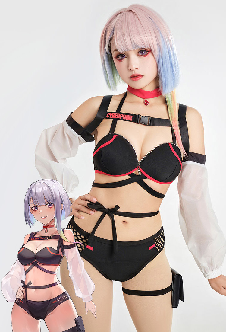 Cyberpunk Lucy Derivative Sexy Swimsuits Lace-up Swimwear Top and Bottoms Bikini Sets with Choker and Cover-up