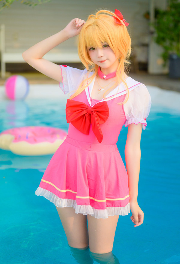 Sakura Derivative Kawaii Swimsuit Pink Schleife Badeanzug Puffärmel Rüschen Bademode mit Halskette