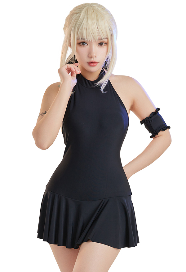 Saber Neckholder Swimsuit Cosplay Badeanzug Halfter Binde Rückenfrei Bademode Kleid in Schwarz