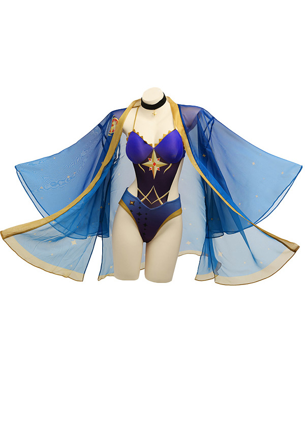 Miccostumes Swimsuits Genshin Impact Mona Haori Cosplay Chiffon Jacke Sommer Cosplay Haori in Blau