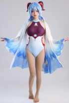 Miccostumes Swimsuits Ganyu One-Piece Swimsuit Backless Halter Bathing Suit Side Lace-up Design Swimwear with Gradient Blue Kimono Haori Cover Up