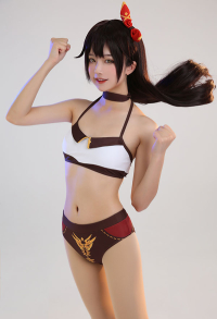 Amber Derivative Two-piece Swimsuit Halter Low-cut Top and Panty Set with Headdress and Choker Bathing Suit Swimwear