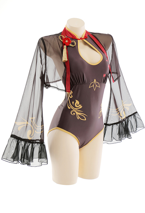 Miccostumes Swimsuits Hu Tao Cosplay Swimsuit Cosplay Cutout Cheongsam Rüschen Badeanzug mit Chiffon Haori Top in Braun