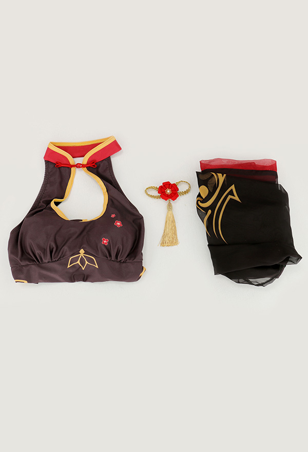 Miccostumes Swimsuits Dérivé Hu Tao Cosplay Maillot de Bain Une Pièce Justaucorps avec Top en Mousseline