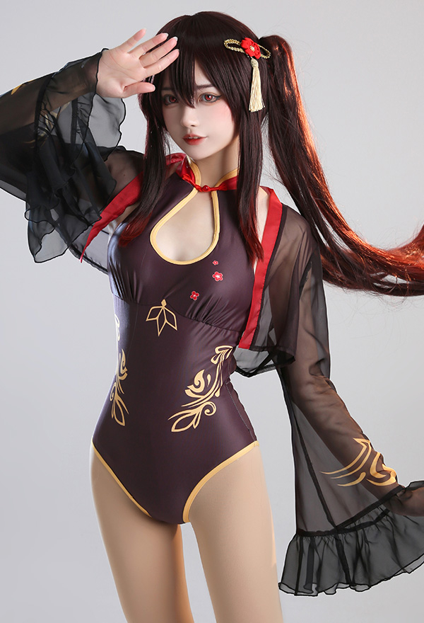 Miccostumes Swimsuits Dérivé Hu Tao Cosplay Maillot de Bain Une Pièce Justaucorps avec Top en Mousseline