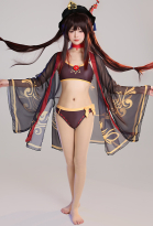 Miccostumes Swimsuits Hu Tao Derivative Bikini Set Chinese Style Top and Bottoms Two-Piece Bathing Suit Swimwear with Kimono Haori Cover Up and Cute Flower Clips