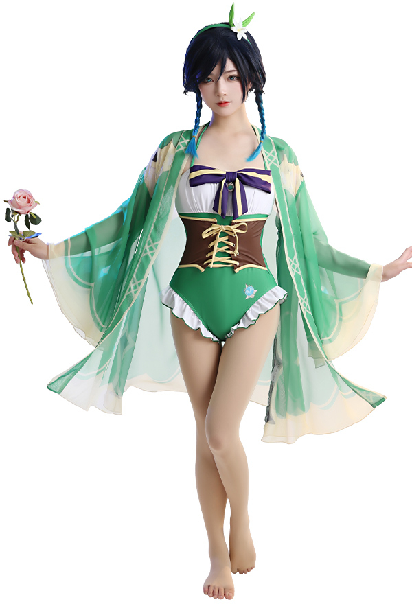 Genshin Impact Venti Swimsuit Halter Tummy Control Beach Bathing