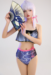 Kamisato Ayaka Derivative Two-Piece Swimsuit Purple Bathing Suit Ruffled Bow Decoration Top and High Waist Style Panty Swimwear