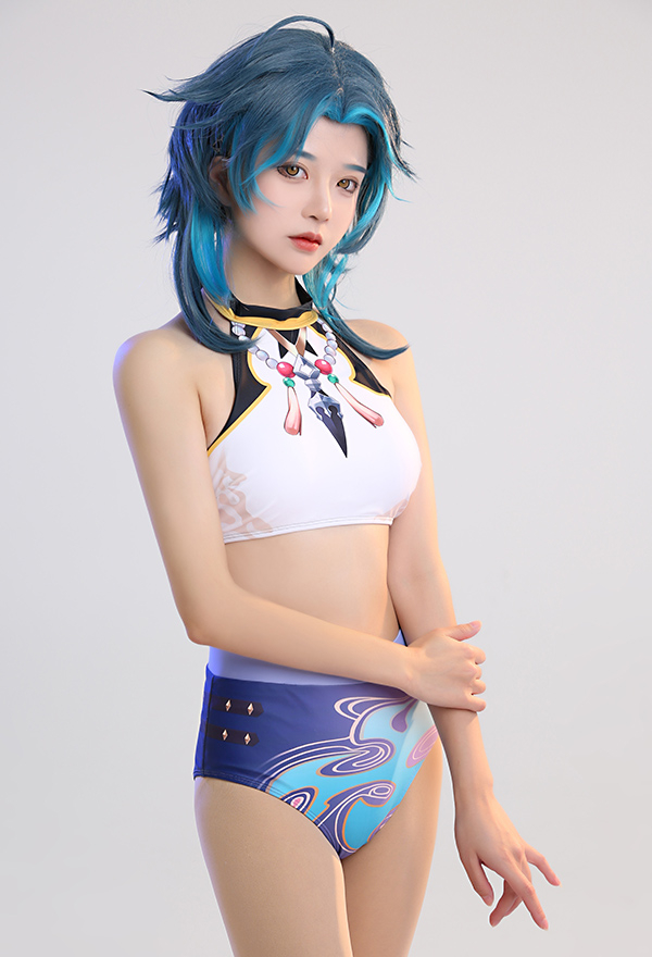 Miccostumes Swimsuits Genshin Impact Xiao Swimsuit Cosplay Bikini High Waist Sportlicher Neckholder Badeanzug