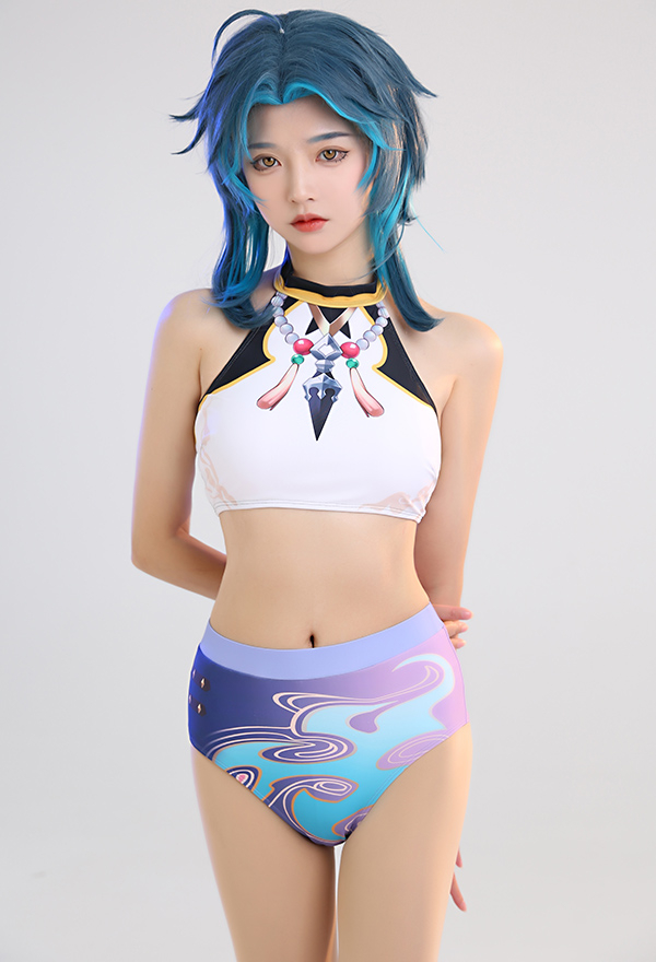 Miccostumes Swimsuits Genshin Impact Xiao Swimsuit Cosplay Bikini High Waist Sportlicher Neckholder Badeanzug