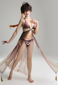 Miccostumes Swimsuits Zhongli Derivative Bikini Set Halter Top and Bottoms Two-Piece Bathing Suit Swimwear with Waist Haori Cover-up