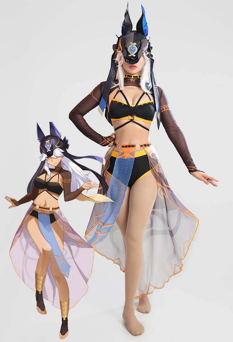 Genshin Impact Cyno Derivative Bikini Set Swimsuit Cutout Two-Piece Bathing Suit Swimwear with Long Sleeve Top and Wrap Skirt and Choker