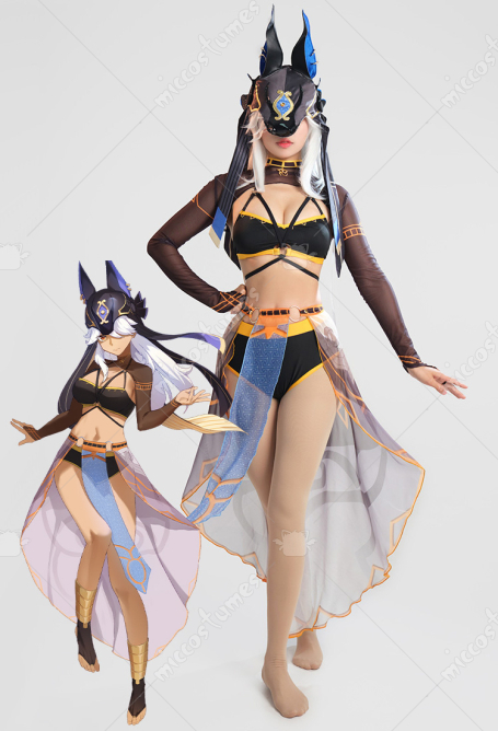 Genshin Impact Cyno Derivative Bikini Set Swimsuit Cutout Two-Piece Bathing Suit Swimwear with Long Sleeve Top and Wrap Skirt and Choker