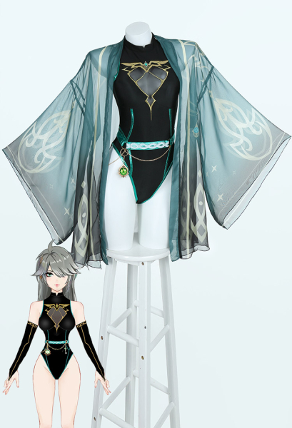 Alhaitham Derivative One-Piece Swimsuit Bodysuit High Cut Badeanzug Schwarz Neckholder Bademode