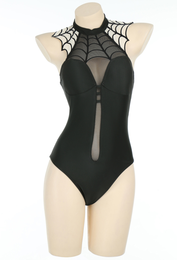 Miccostumes Damen Spinnennetz Bodysuit Swimsuit Schwarz High Cut Badeanzug Neckholder Bademode